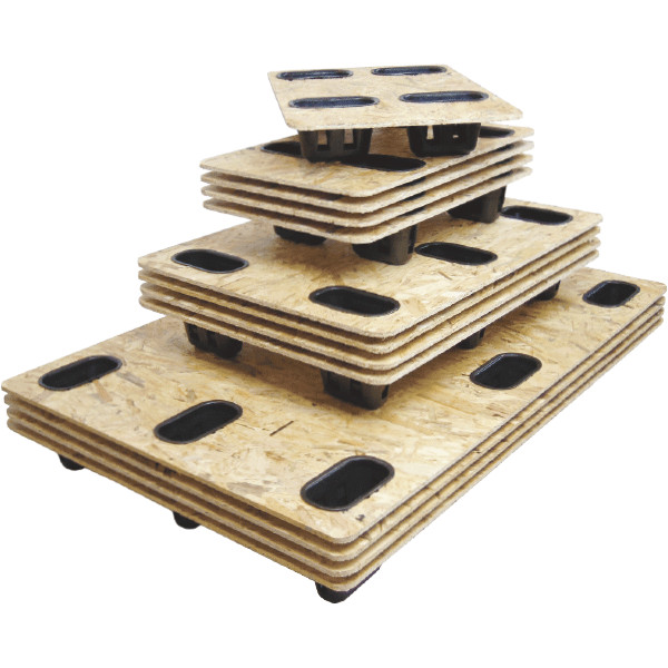 Pallet in legno pressato OSB con piedi in plastica